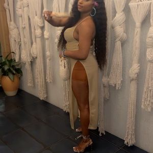 Tan beach cover or dress with high side splits